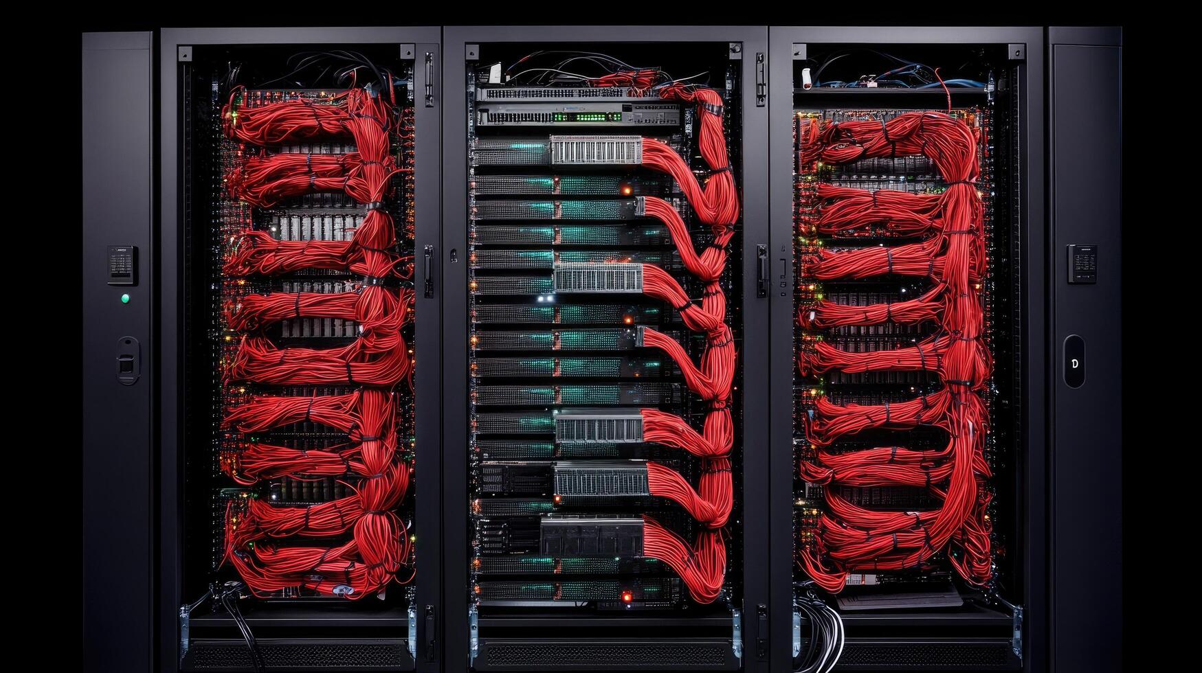 Server rack with red cables for data storage and network connection infrastructure photo