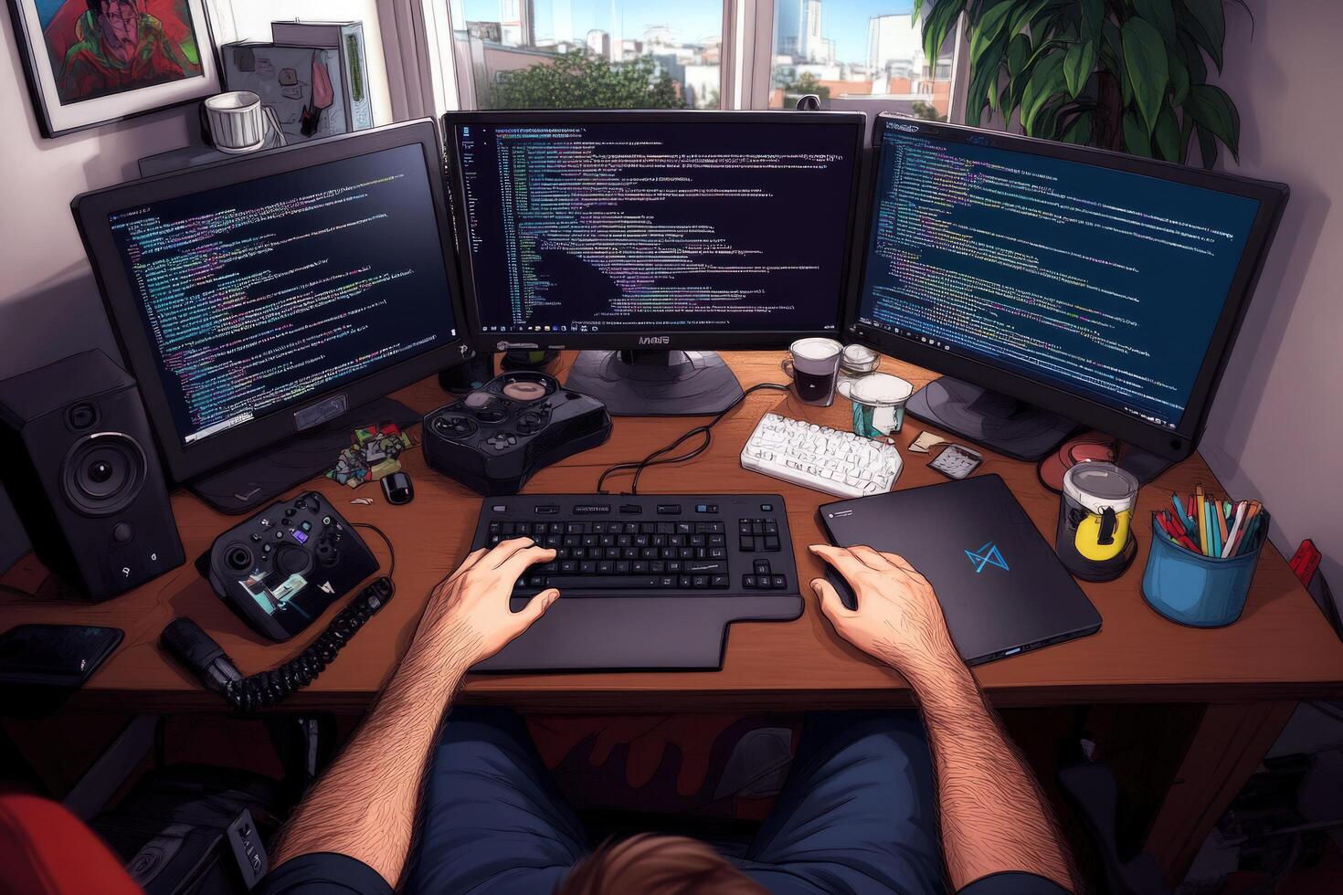 Workstation setup with multiple monitors keyboard and game controller for programming and software development photo
