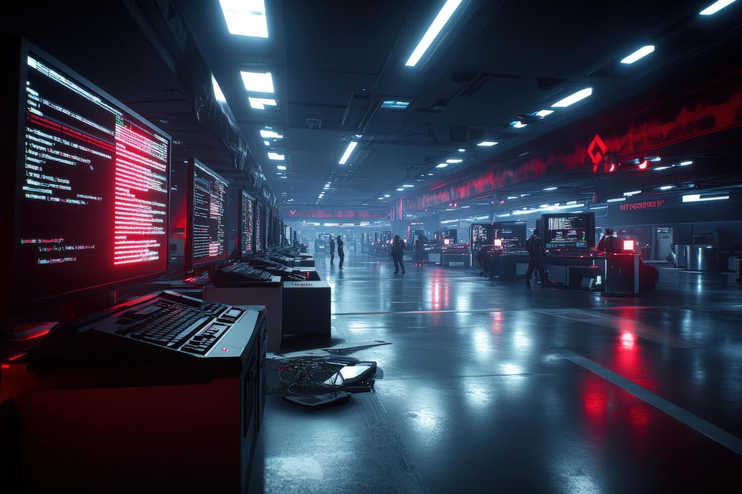 Futuristic computer lab with red code display on monitors for data analysis and cybersecurity photo