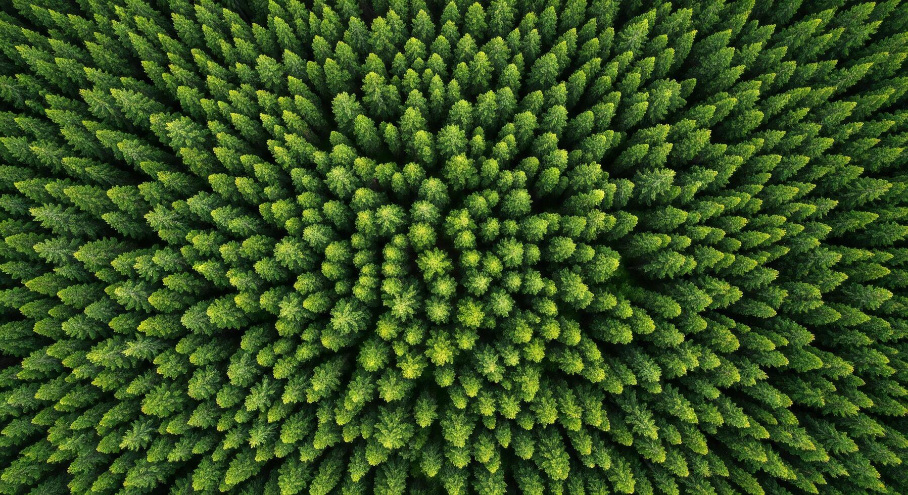 Aerial view of a dense evergreen forest with repeating patterns of vibrant green treetops photo