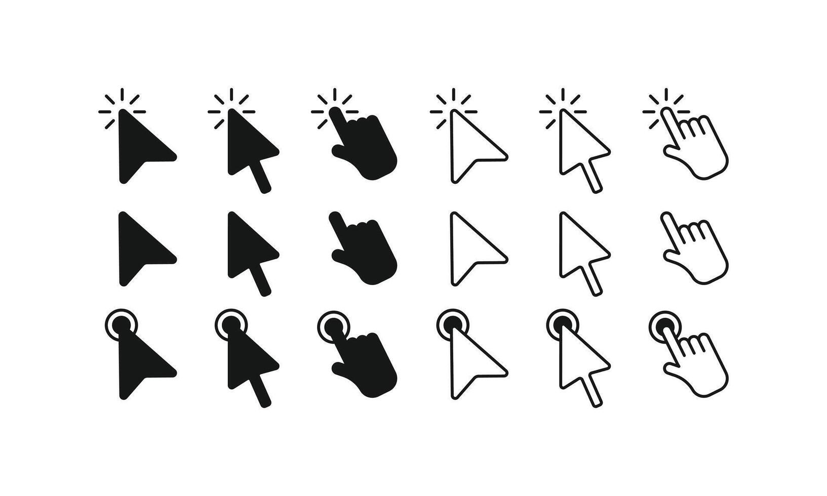 A set of cursor icons. This collection includes various styles of mouse cursors and hand pointers, perfect for web design, app development, and user interface UI projects vector