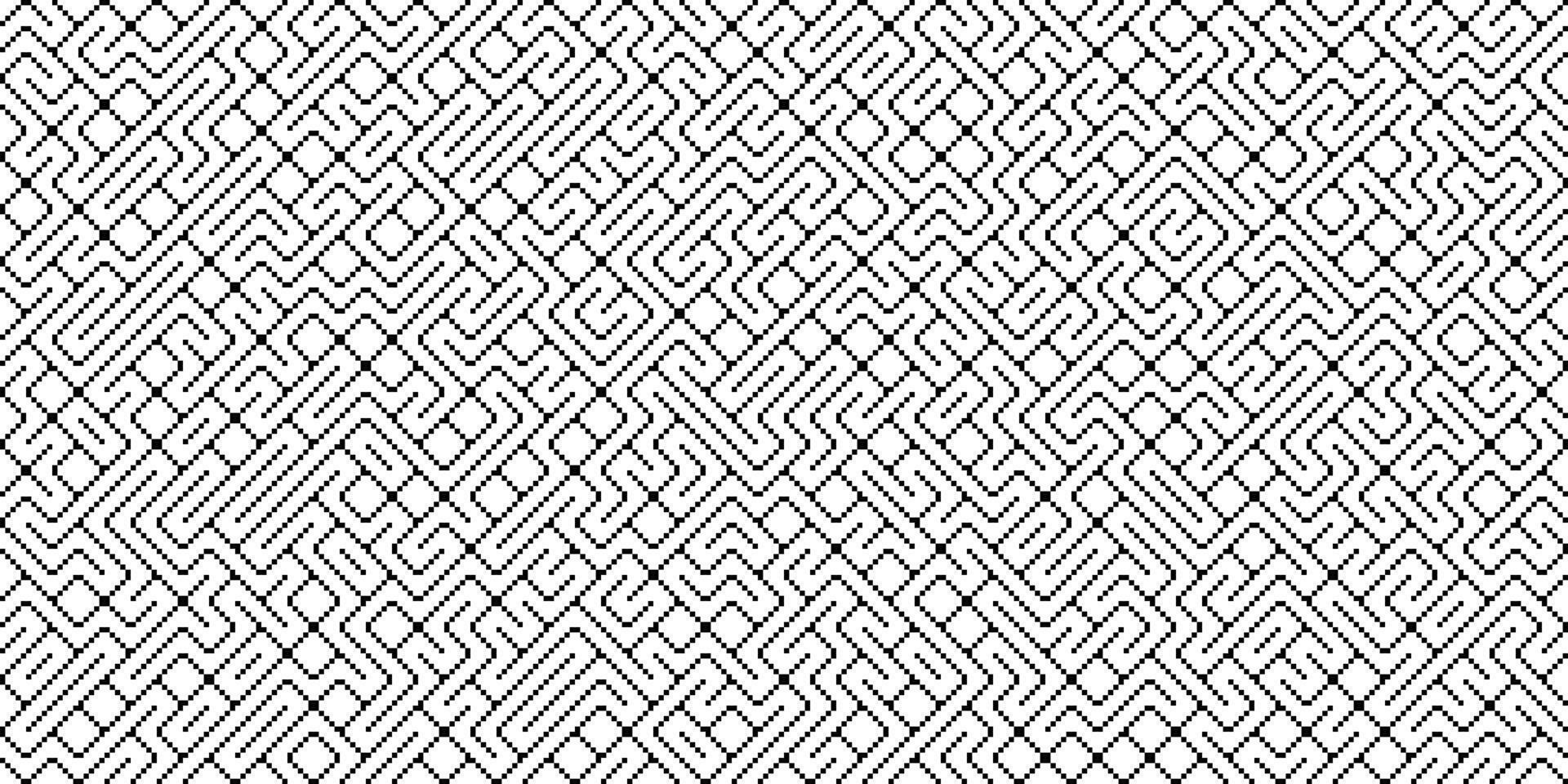 A black and white geometric pattern with interlocking lines creates a complex and abstract background. The intricate network resembles a maze or circuit board. vector