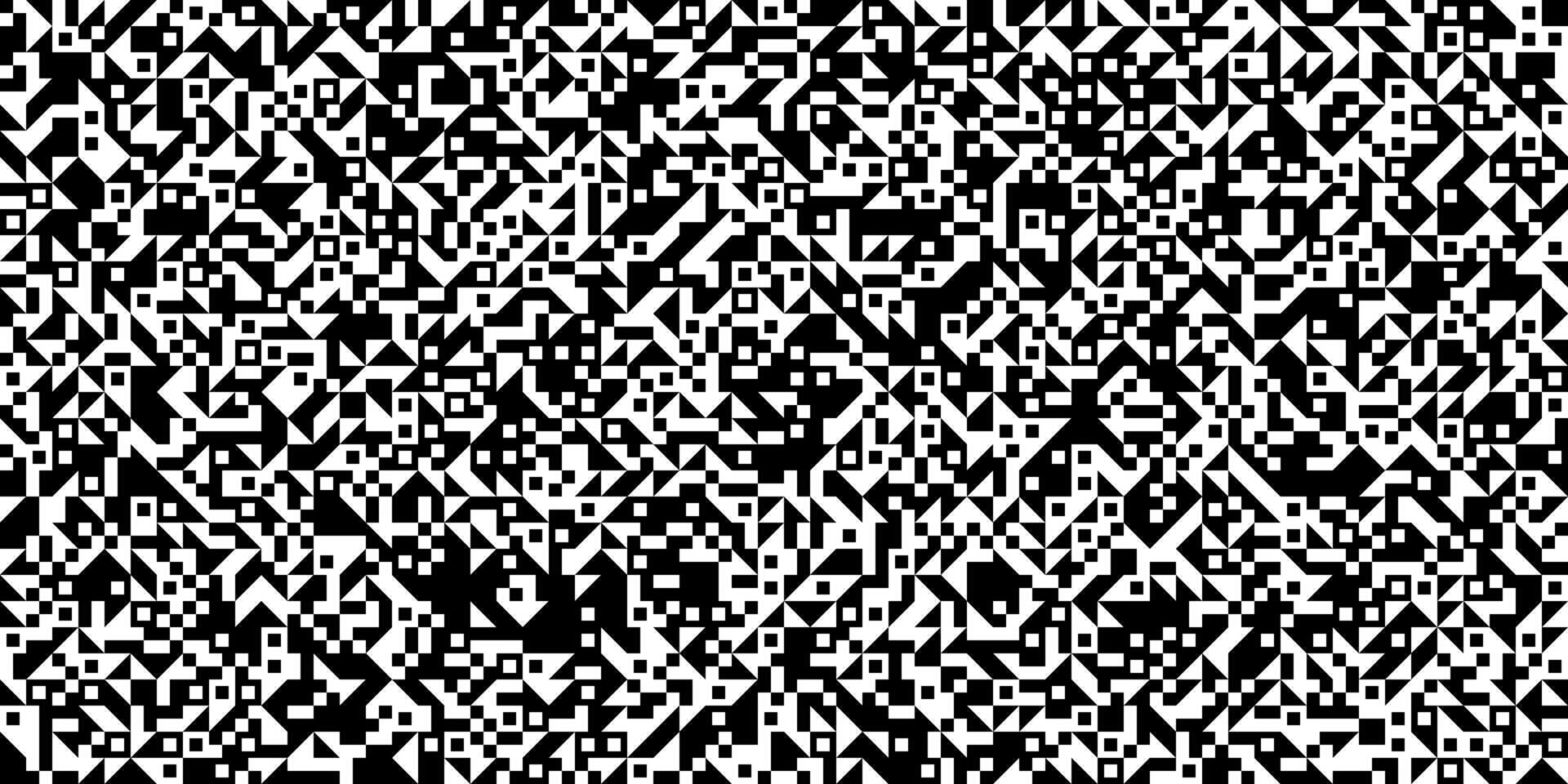 A monochrome, chaotic background featuring a complex mosaic of black and white shapes. The abstract pattern includes various squares and triangles, creating a textured surface. vector