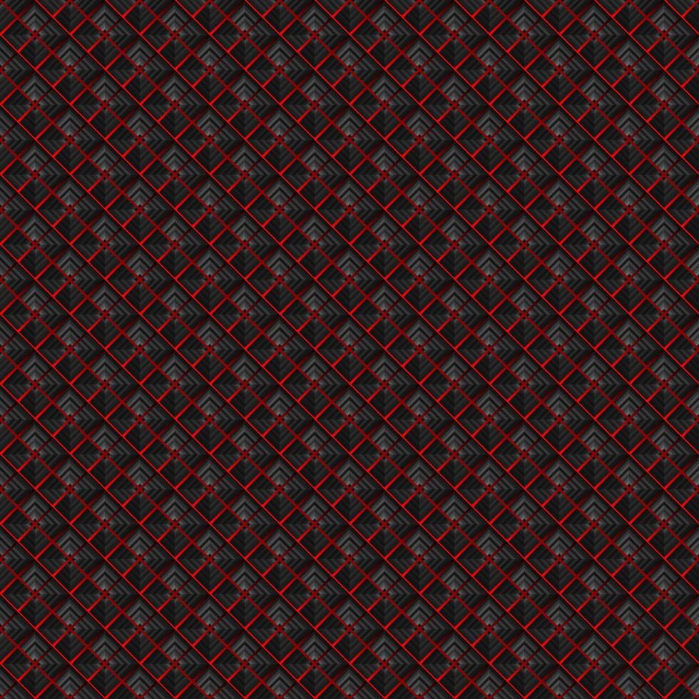 Dark, repeating grid pattern with diagonal lines. The seamless geometric background uses monochrome squares and bright red highlights. vector