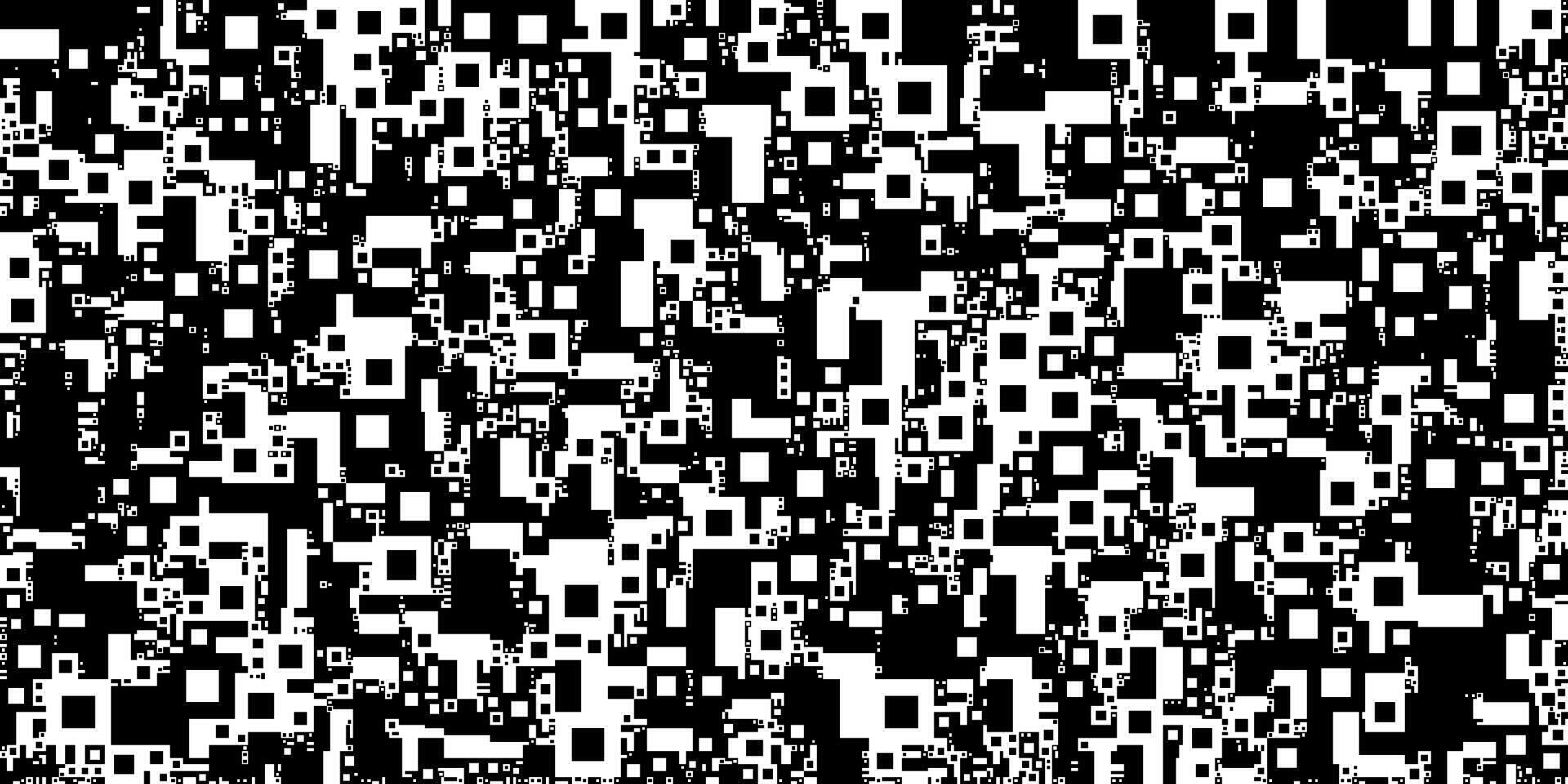 Dynamic pattern composed of black and white squares and boxes. The varied shapes create an abstract, monochrome texture with a geometric grid design. vector
