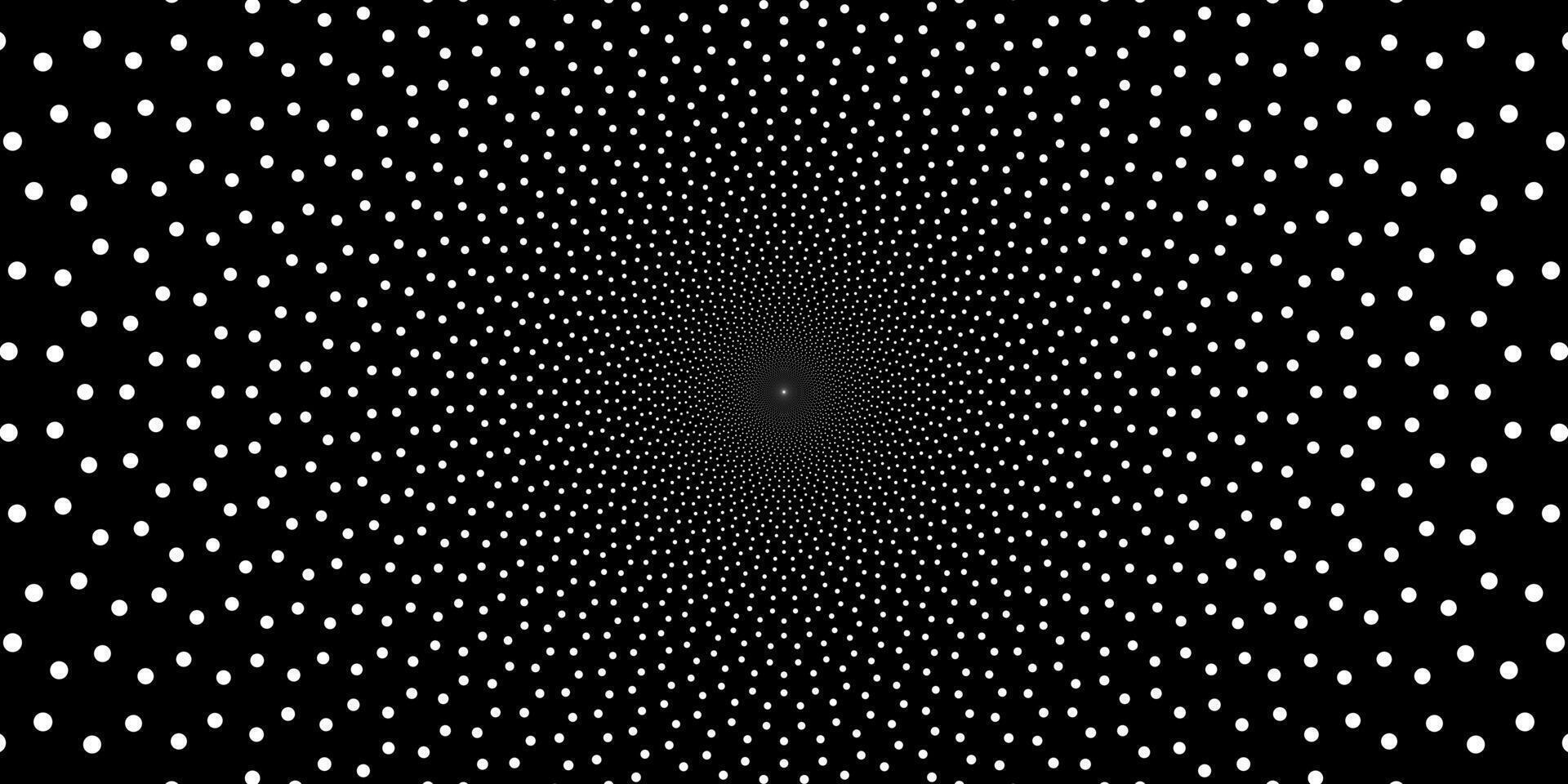 Abstract background with geometric dots creating a mesmerizing tunnel effect. The monochrome graphic uses a repeating pattern for a hypnotic optical illusion. vector