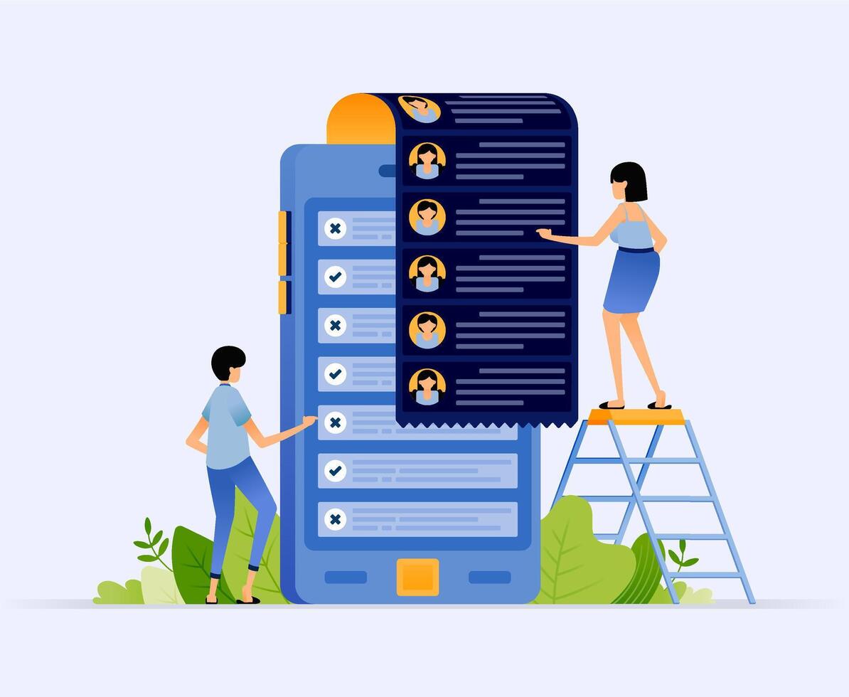 Illustration of users interacting with mobile app vector