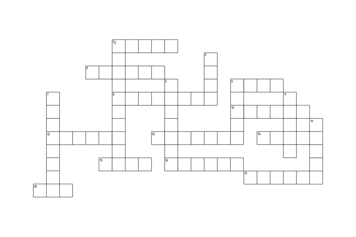 Blank crossword puzzle grid for eighteen words, empty template squares to fill in for riddle, educational or leisure game, ready to be used for making any word puzzle vector