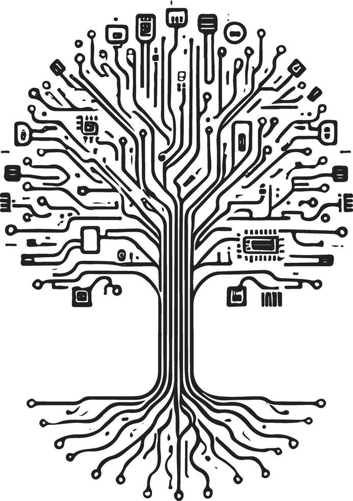 Black and white abstract tree formed from circuit board traces and electronic components technology vector