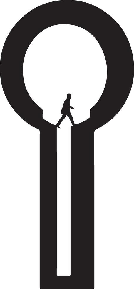 Black silhouette of a person walking across a narrow bridge connecting two vertical pillars within a circular frame vector
