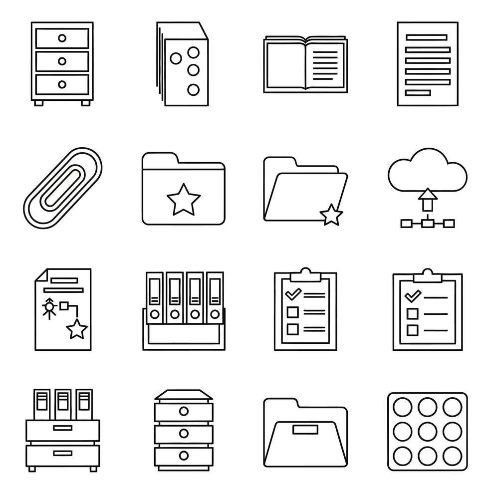 Sixteen Clean Minimalist Line Icons for Organization, Document Management, and Cloud Storage A Simple, Modern Design for Efficient Workflow vector