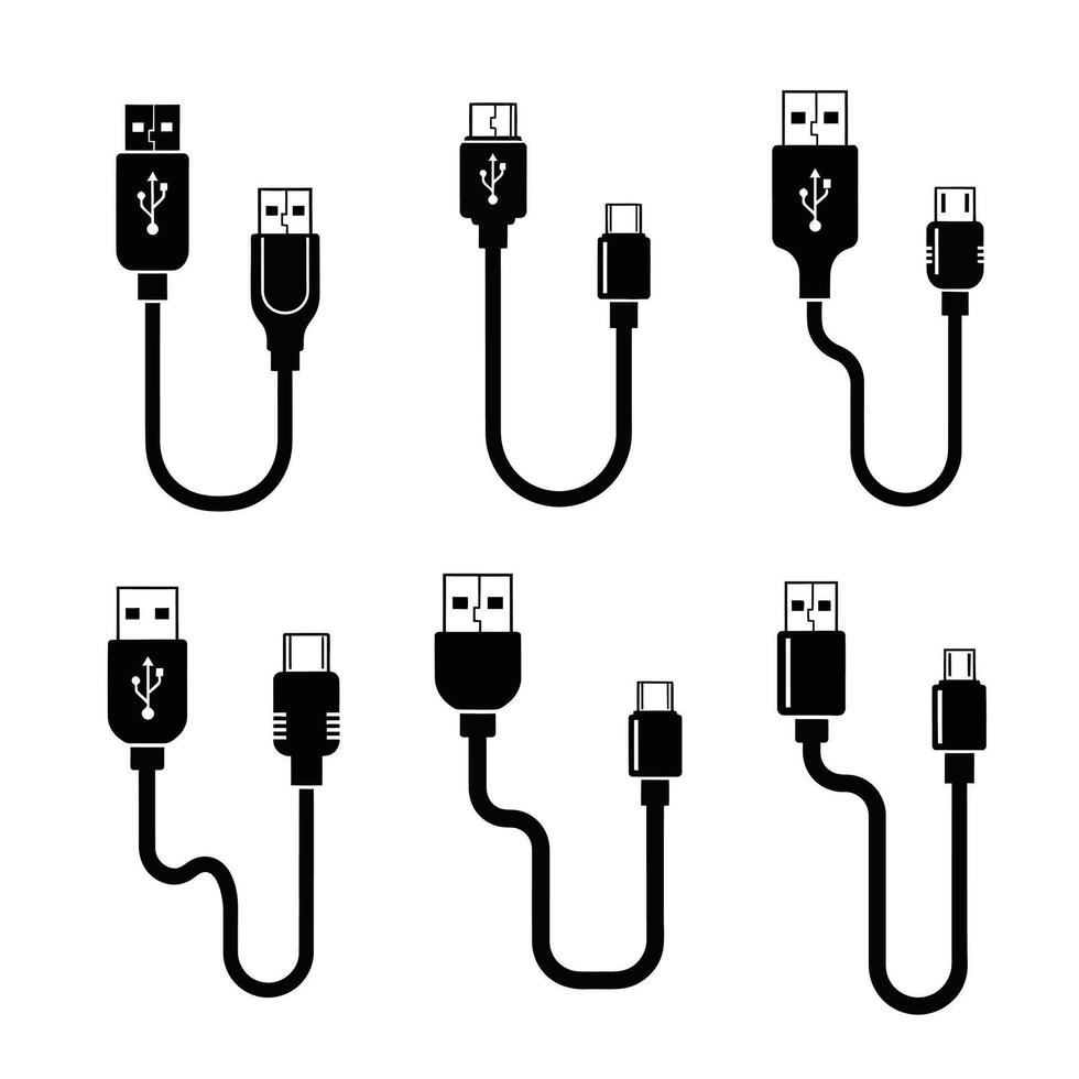 Collection of Stylish Black USB Cable Icons A Simple, Modern Set for Design Projects, Showing Various Connectors and Sizes vector