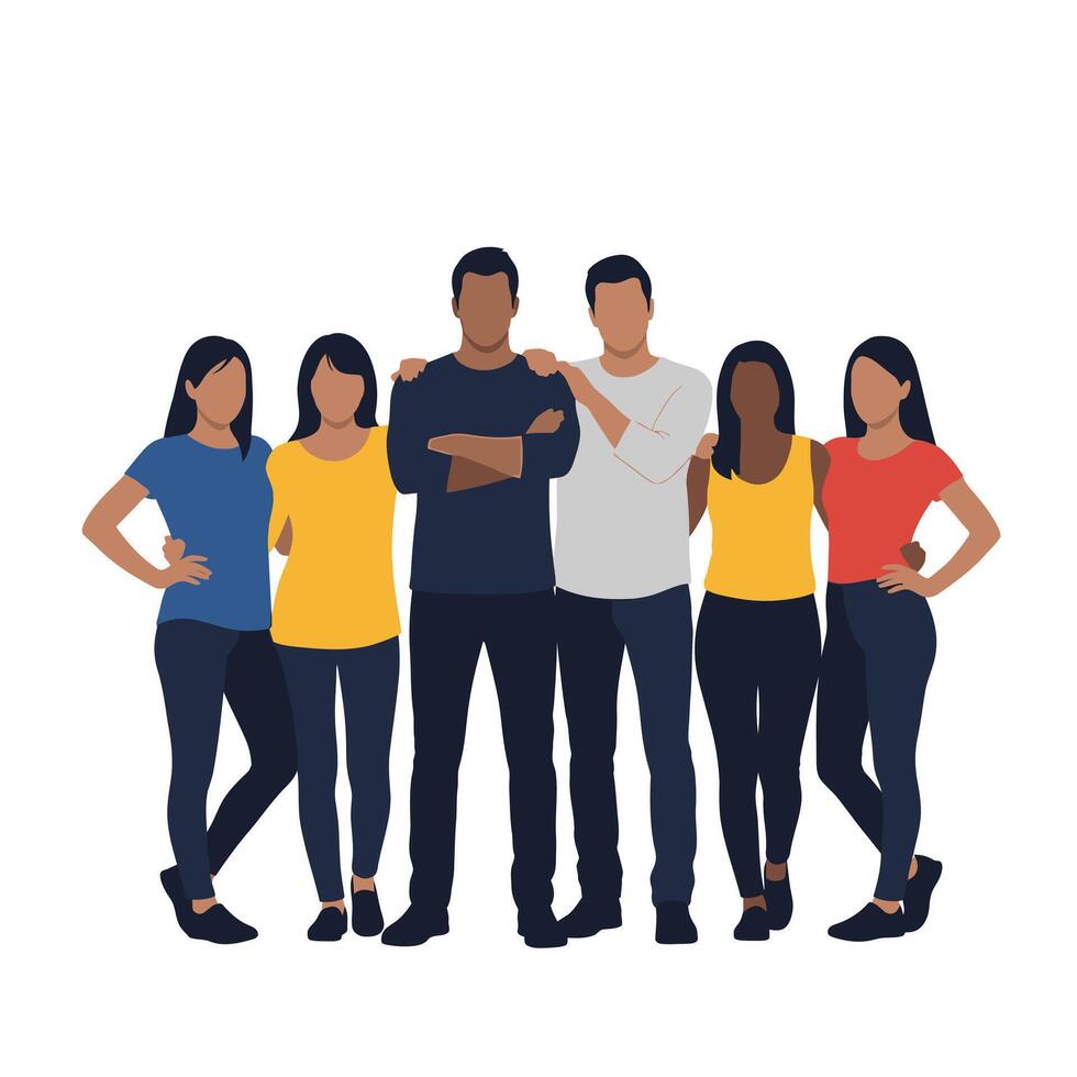 Diverse Group of Smiling Friends Posing Together, Showing Unity and Camaraderie in a Happy and Friendly Atmosphere vector