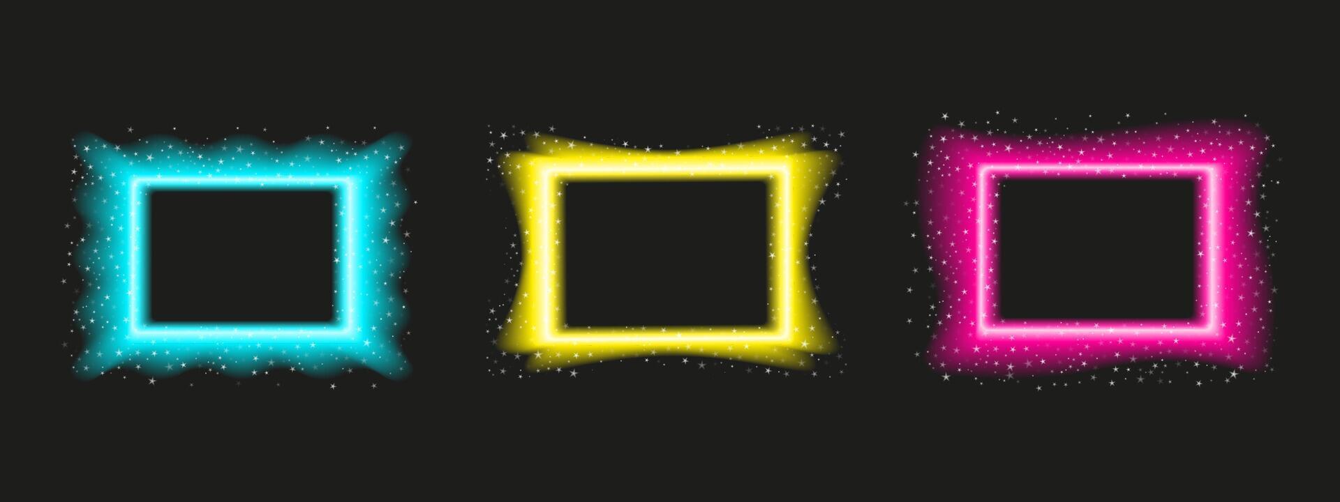 A set of neon rectangular frames with blur and shiny stars on a dark background. Empty festive background. Christmas concept. illustration. vector