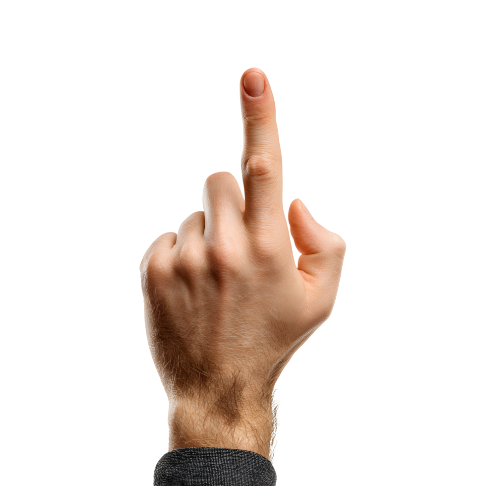 Back view behind of man hand pointing upward with index finger isolated on transparent background png