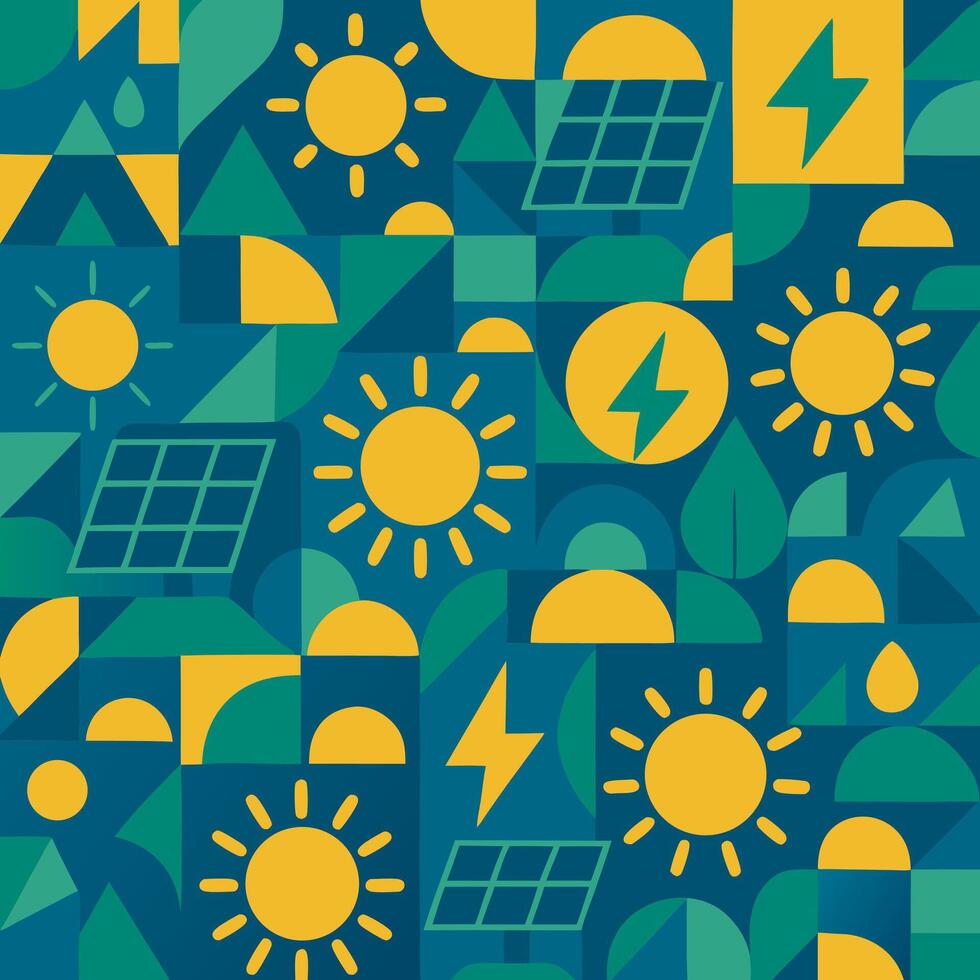 Geometric Pattern with Sun Solar Panel Lightning and Triangle Shapes in Modern Style with Teal and Yellow Colors vector