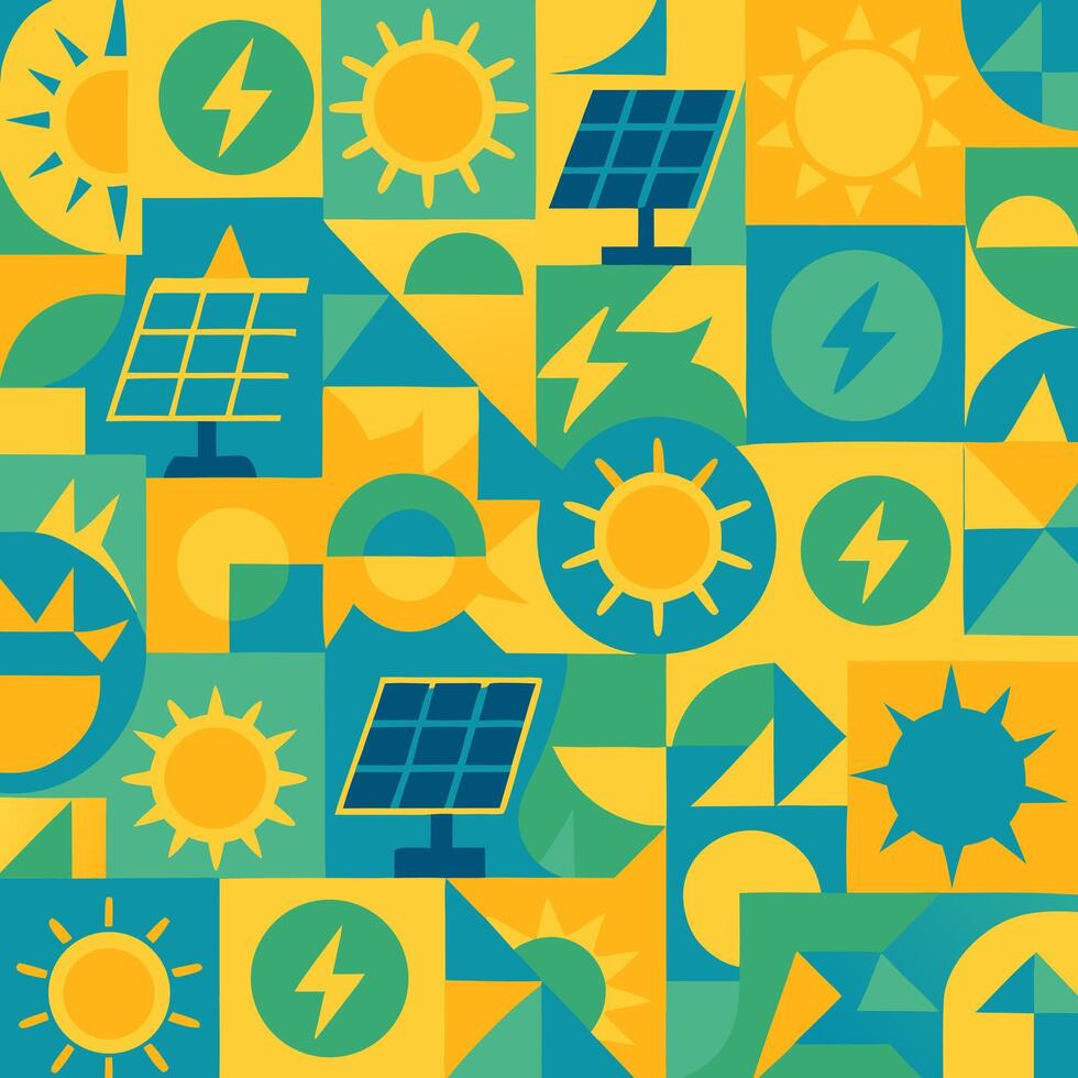 Geometric Pattern with Sun Solar Panel and Lightning Bolt Elements in Teal Yellow and Green Modern Style vector