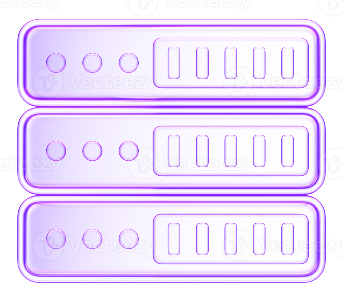 Minimal 3D glass style icon of server in purple and blue gradient. Perfect for technology, computing, data storage, and modern digital design projects png