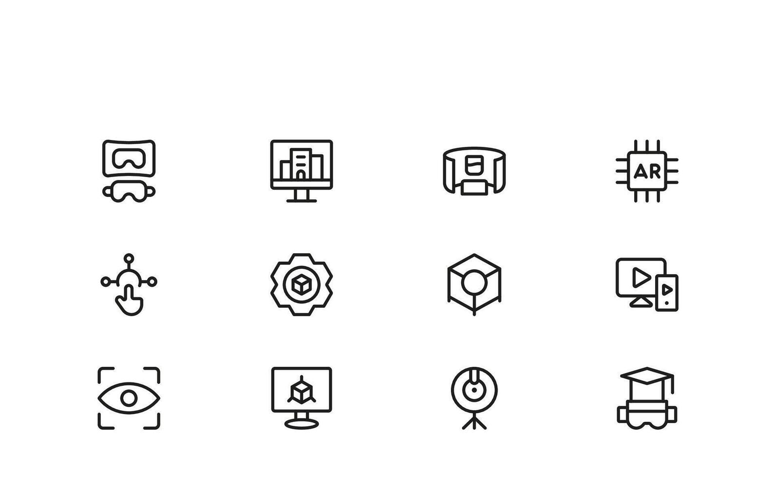 AR and VR Experience Icons Modern Professional Line Icon Set Featuring Minimal Style for Augmented and Virtual Reality, Technology, and Digital Interfaces vector