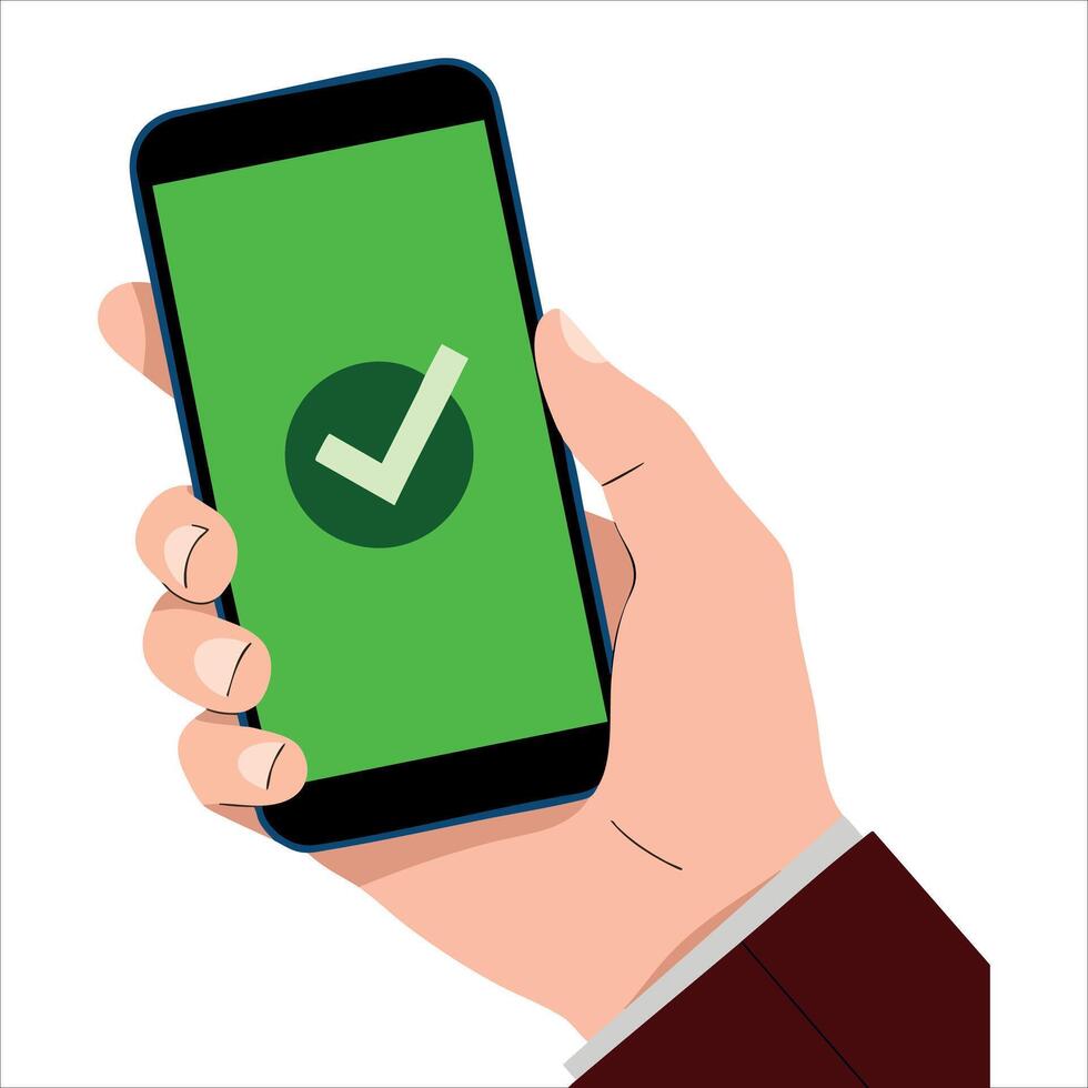 Checkmark on smartphone screen showing green confirmation notification of success finishing app update or purchase payment tick on mobile phone vector