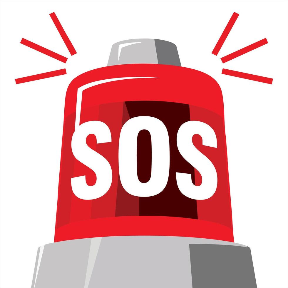 Red flasher siren with SOS text icon, flashing emergency light for helpline or ambulance use, flat style design for alert and rescue visuals vector