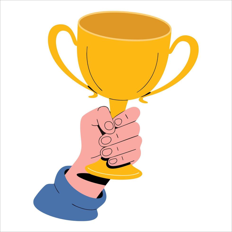 Flat illustration of a hand holding a golden trophy symbolizing success and achievement. Isolated on white background, perfect for award and recognition themes. vector