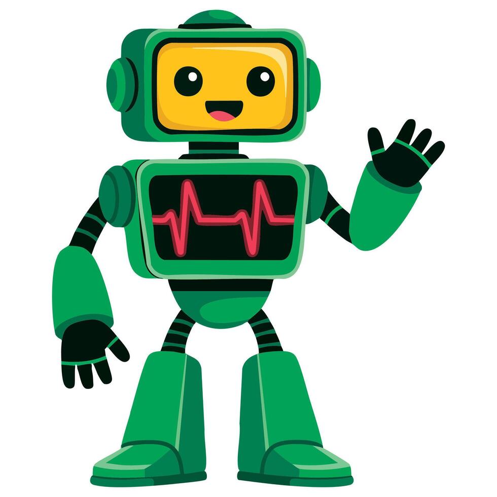 Flat illustration of funny green robot isolated on white. Suitable for technology, web, game projects, and playful digital designs. vector