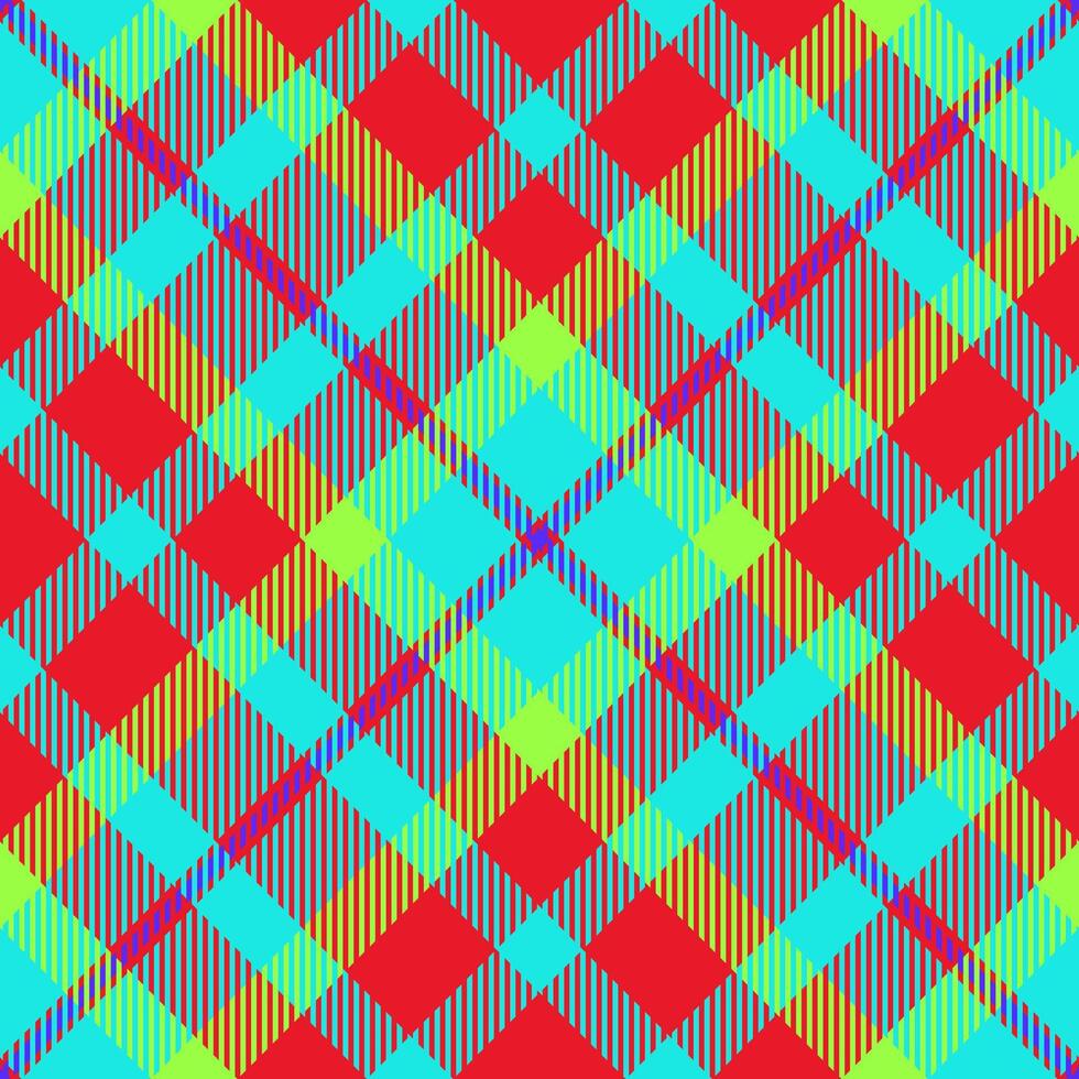 Vibrant tartan pattern featuring bold red, turquoise, and lime green hues. A classic fabric design with a modern twist, suitable for backgrounds, textures, and creative projects. vector