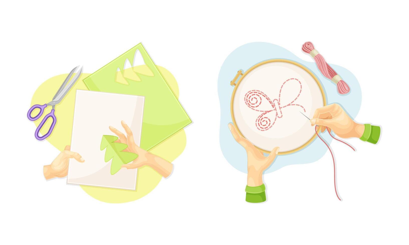 Top view of hands creating crafts set. Hands embroidering butterfly on canvas and making applique illustration vector