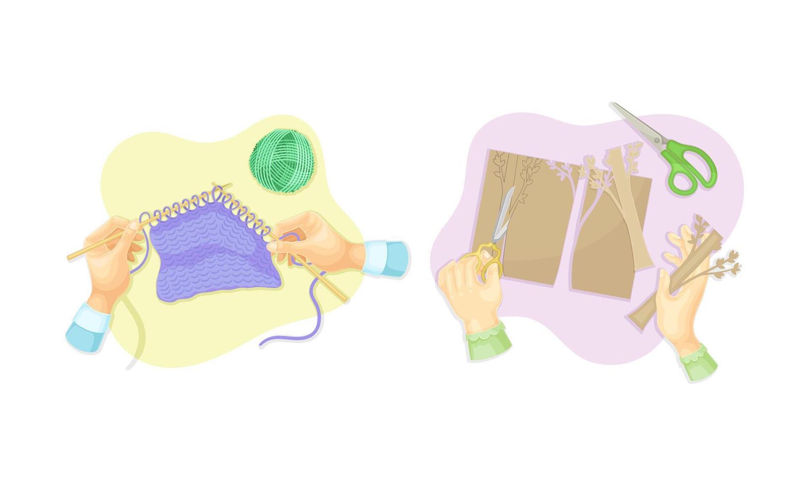 Top view of hands creating crafts set. Hands knitting and cutting figurines from paper illustration vector