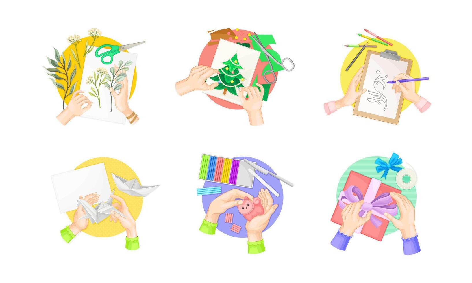 Top view of hands creating diy crafts set. Top view of hands molding from plasticine, drawing, making application illustration vector