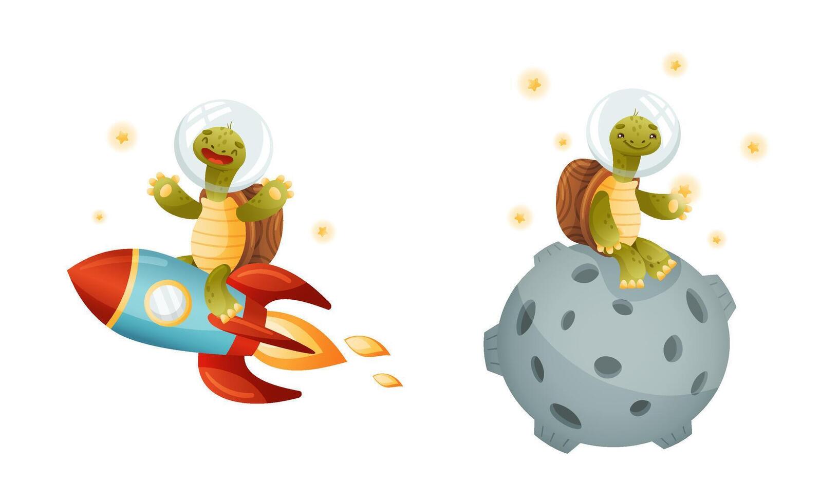 Cute Green Turtle in Outer Space Flying Rocket and Moon Waving Paw Set vector
