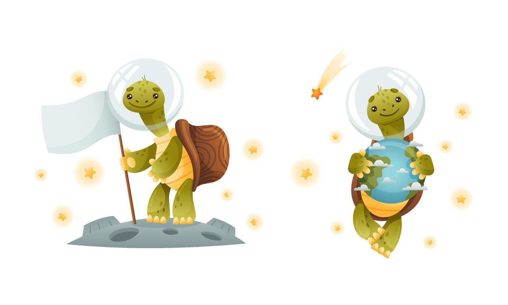 Cute Green Turtle in Outer Space with Flag on Moon Surface and Floating with Earth Planet Set vector