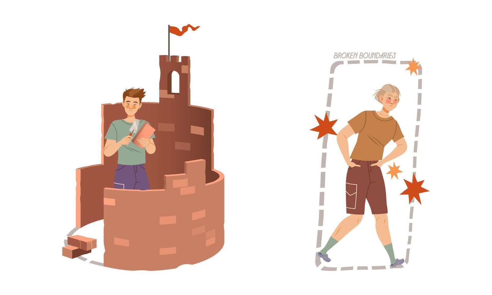 Personal Boundaries with Man Building Brick Castle and Broken Space for Social Interaction Set vector