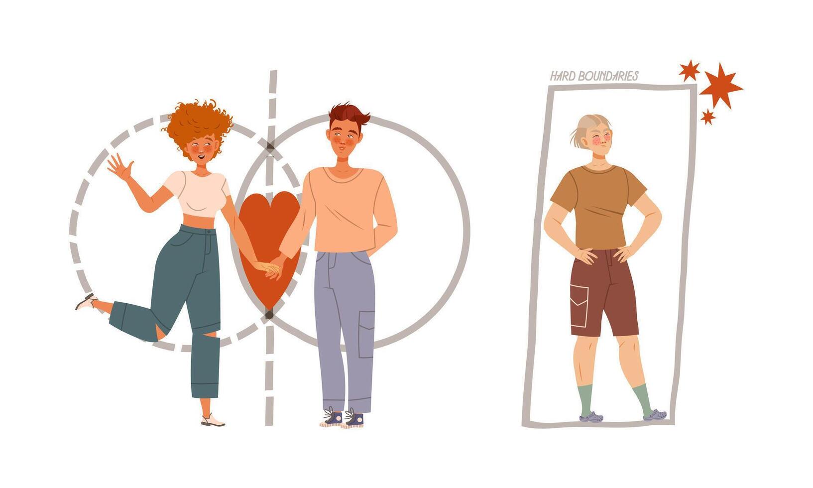 Personal Boundaries with Man and Woman Creating Circle Space Avoiding Social Interaction Set vector