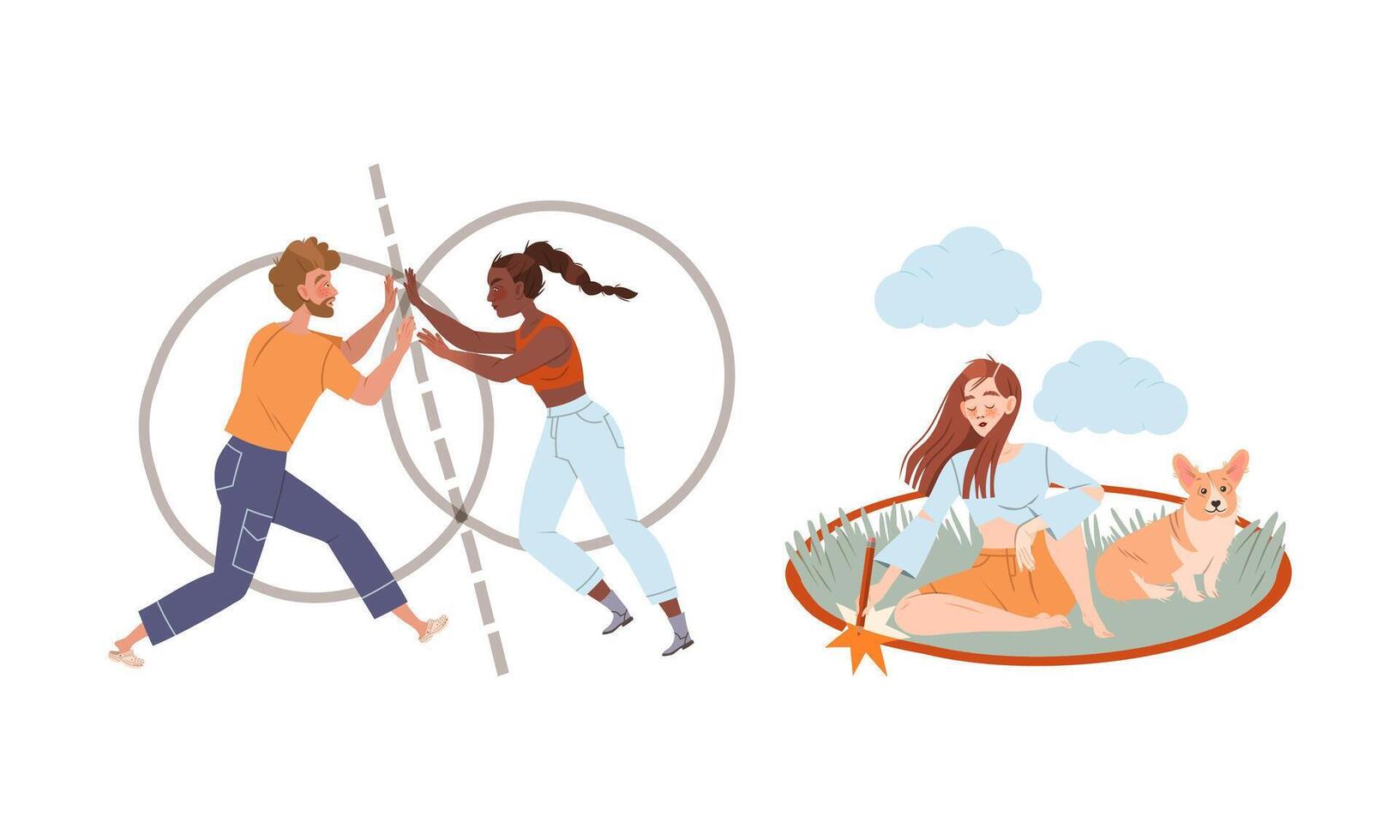 Personal Boundaries with Man and Woman Creating Space Being Inside Their Circle Avoiding Social Interaction Set vector