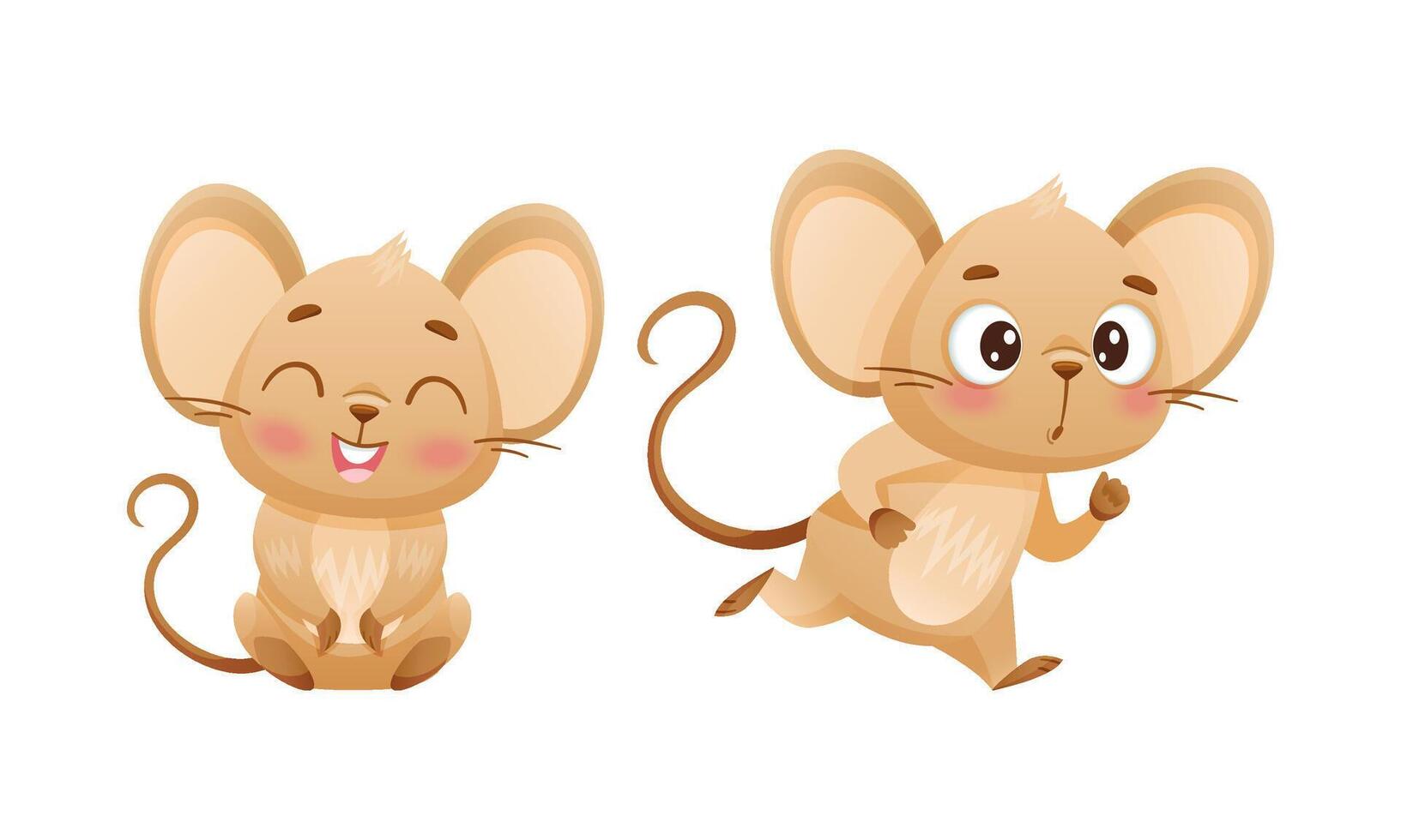 Little Mouse Character with Long Tail and Big Ears Laughing and Running Set vector