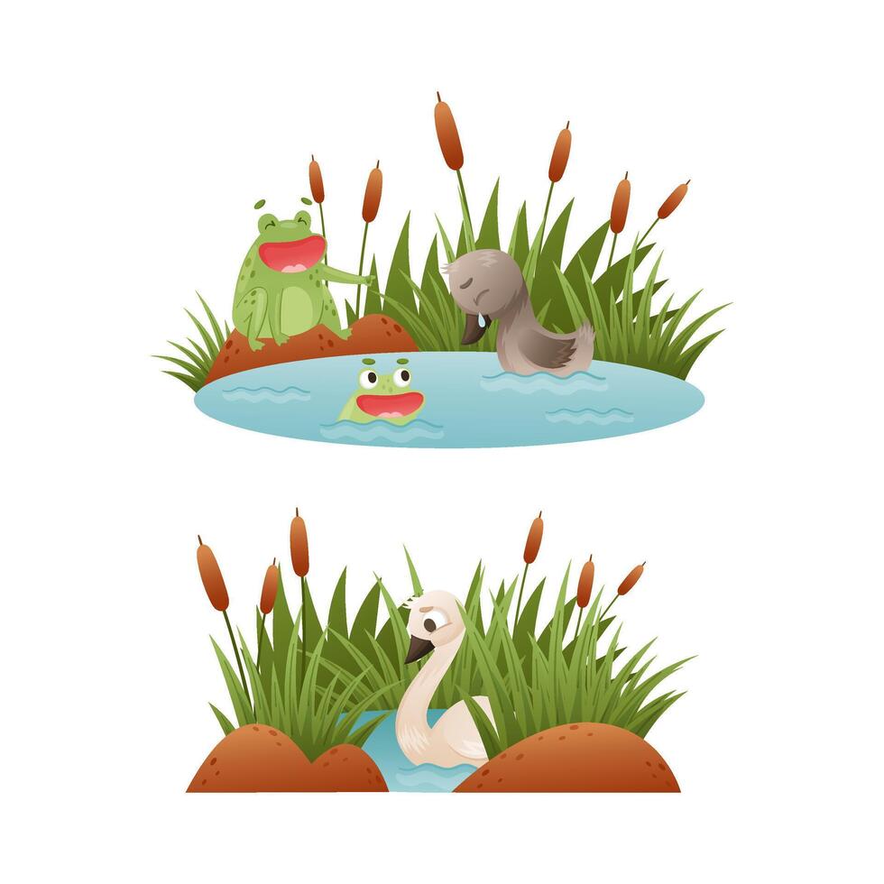 Duck Floating in Pond with Reeds and Grey Ugly Duckling Crying Suffering from Bullying as Fairytale Set vector