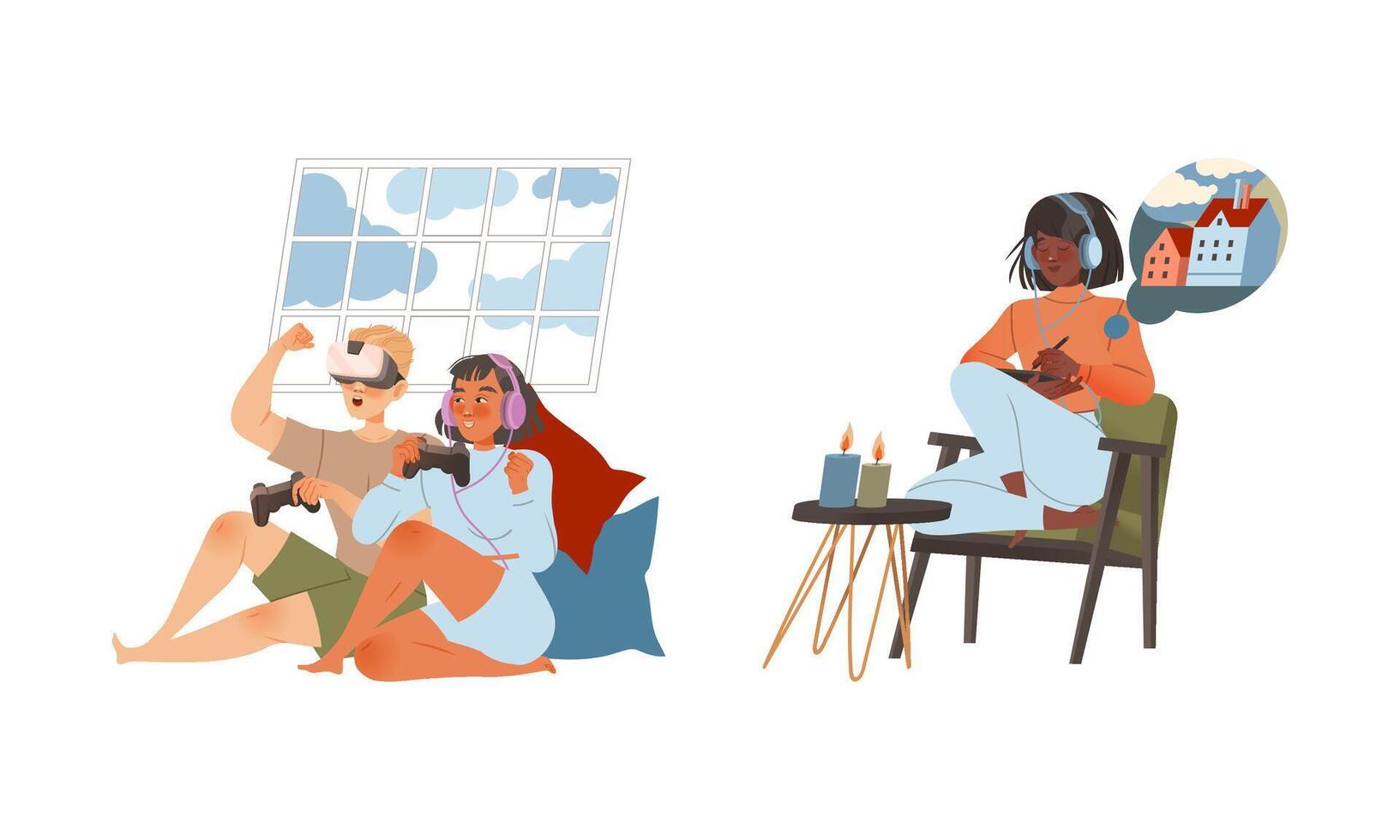 People Character Using Gadget and Electronic Device Drawing on Tablet and Playing Game with Gamepad and Augmented Reality Glasses Set vector