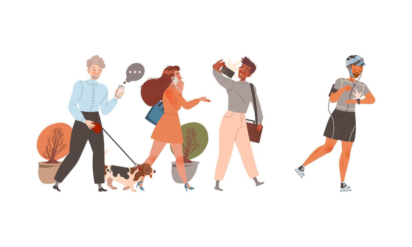 People Character Using Gadget and Electronic Device Speaking by Smartphone, Taking Selfie and Running with Smartwatch Set vector
