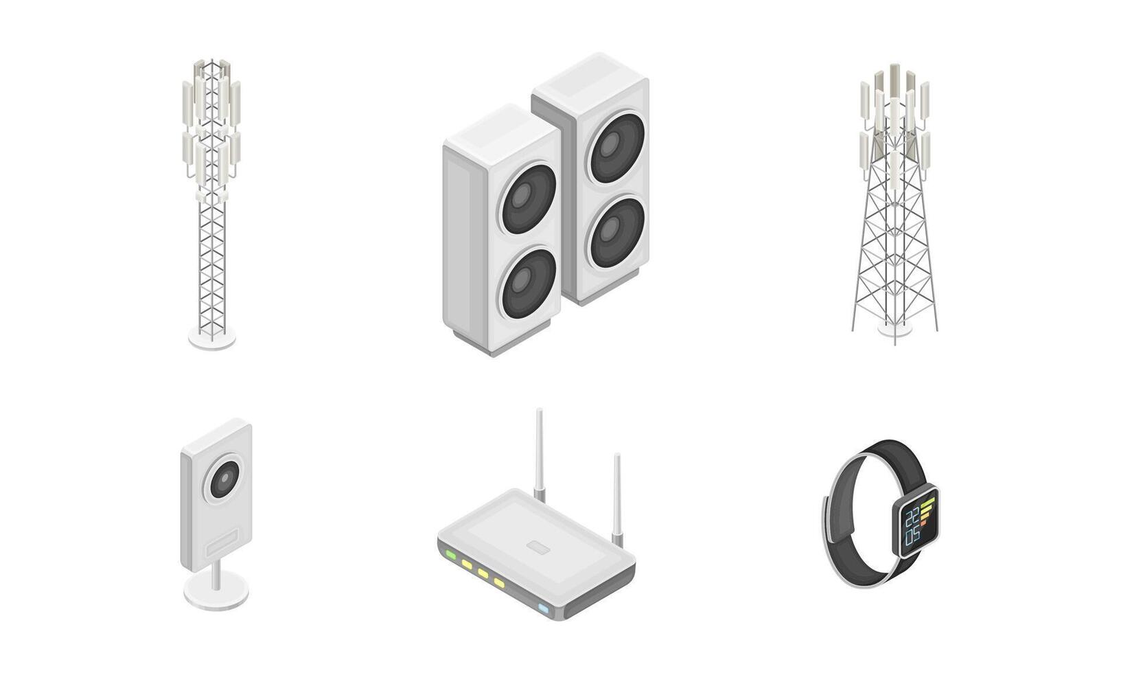 Wireless Network Communication Technology with Wifi Router and Land Station Isometric Set vector
