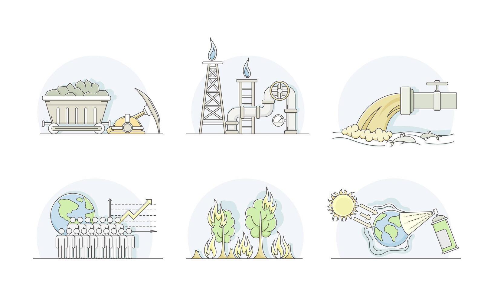 World Resources with Coal Mining, Gas and Global Warming Line Set vector