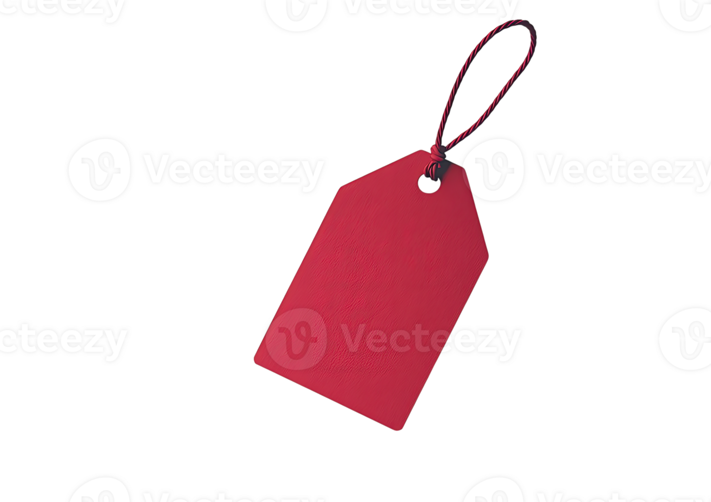 Red price tag label with string loop and blank space for text isolated on a transparent background png