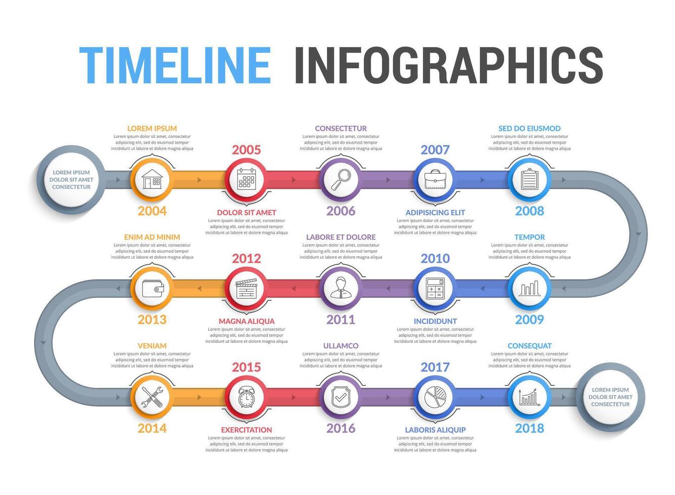 Curved timeline infographics template with 15 steps, workflow, process, history diagram vector