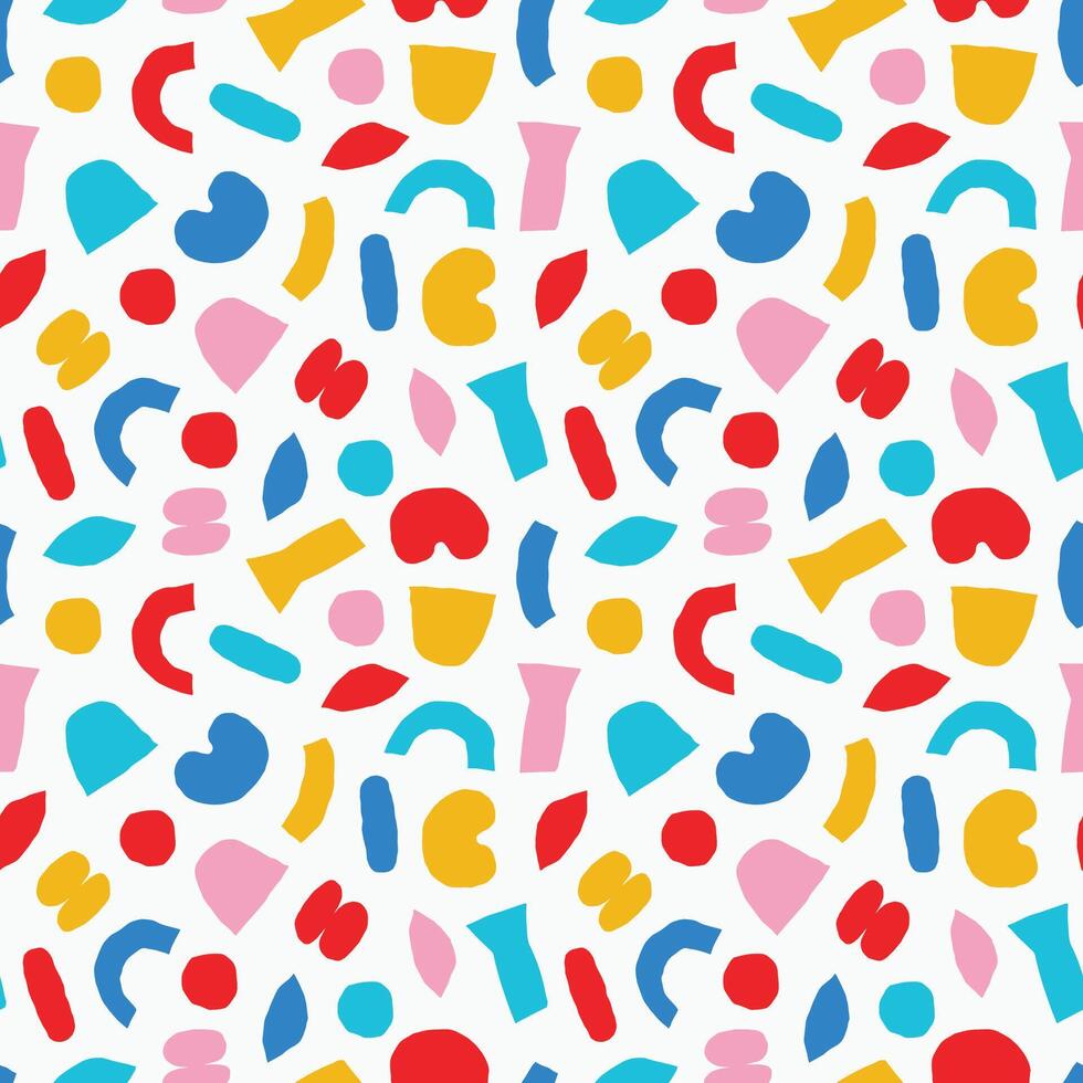 Playful Abstract Seamless Pattern with Colorful Hand-Drawn Shapes on White Background vector
