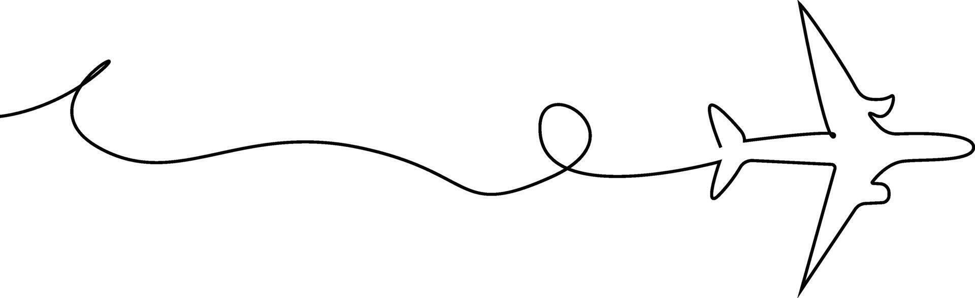 A continuous line drawing depicts an airplane in flight, leaving a looping trail. vector
