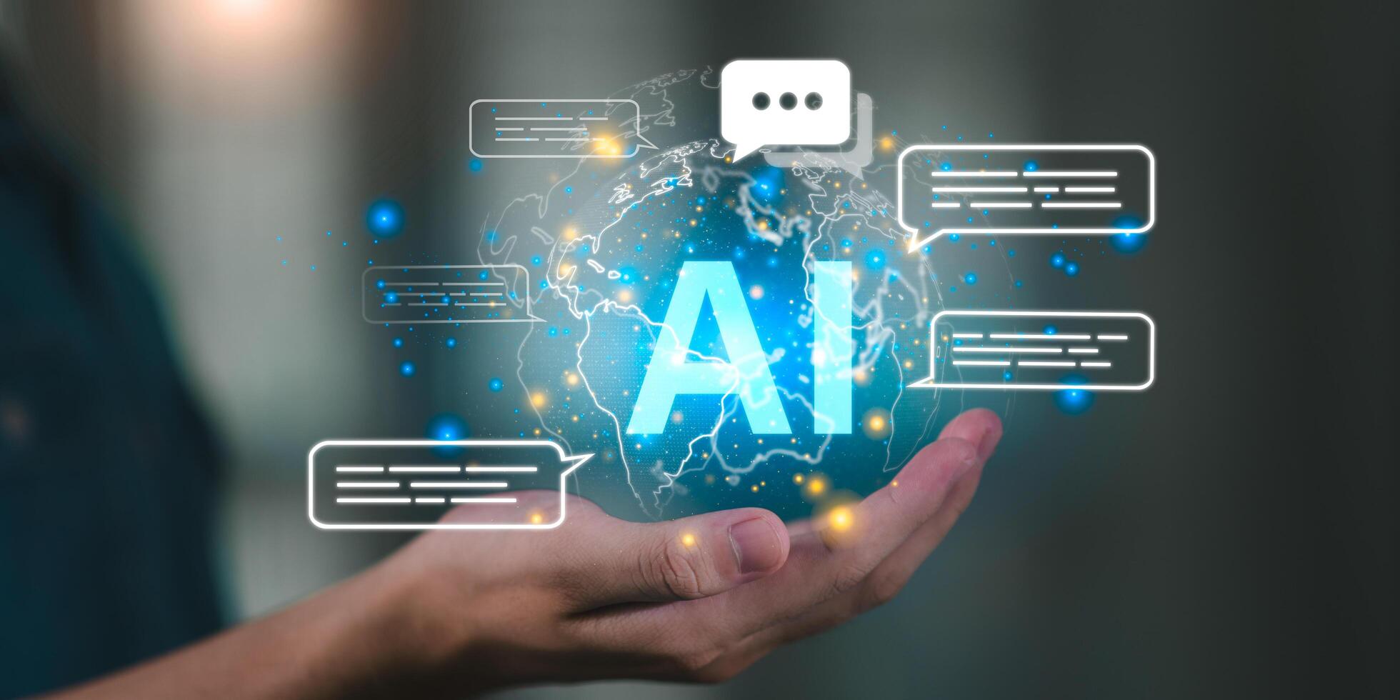 Global AI illustration with chatbot conversation ,digital network, representing artificial intelligence, automation, smart communication, advanced technology for business transformation ,innovation photo
