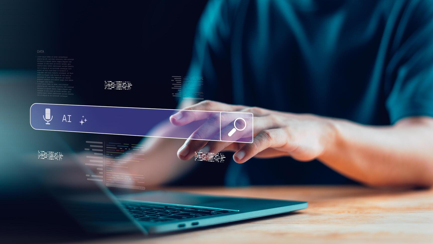 Artificial intelligence search bar interface with laptop and human hand, symbolizing AI technology, voice assistant, data innovation, and digital transformation in online search and smart solutions. photo