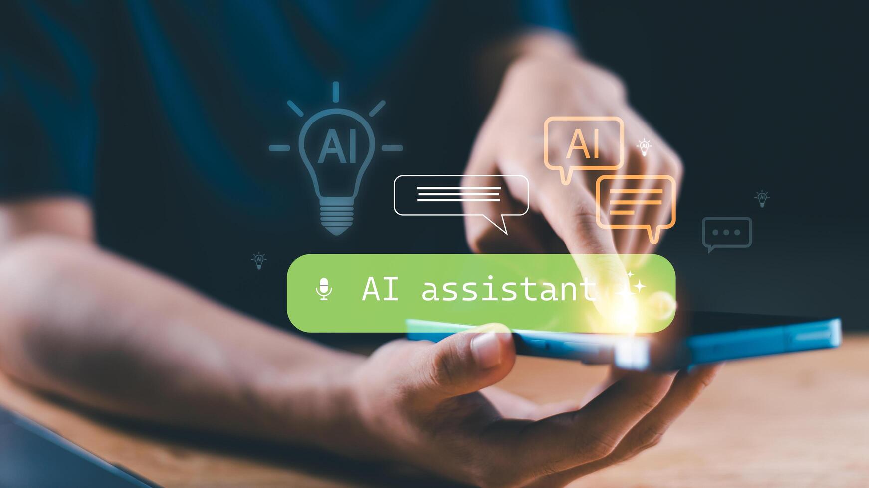 Digital AI assistant concept with hand touching smartphone, futuristic technology interface, artificial intelligence innovation, smart voice recognition, virtual chatbot for business communication photo