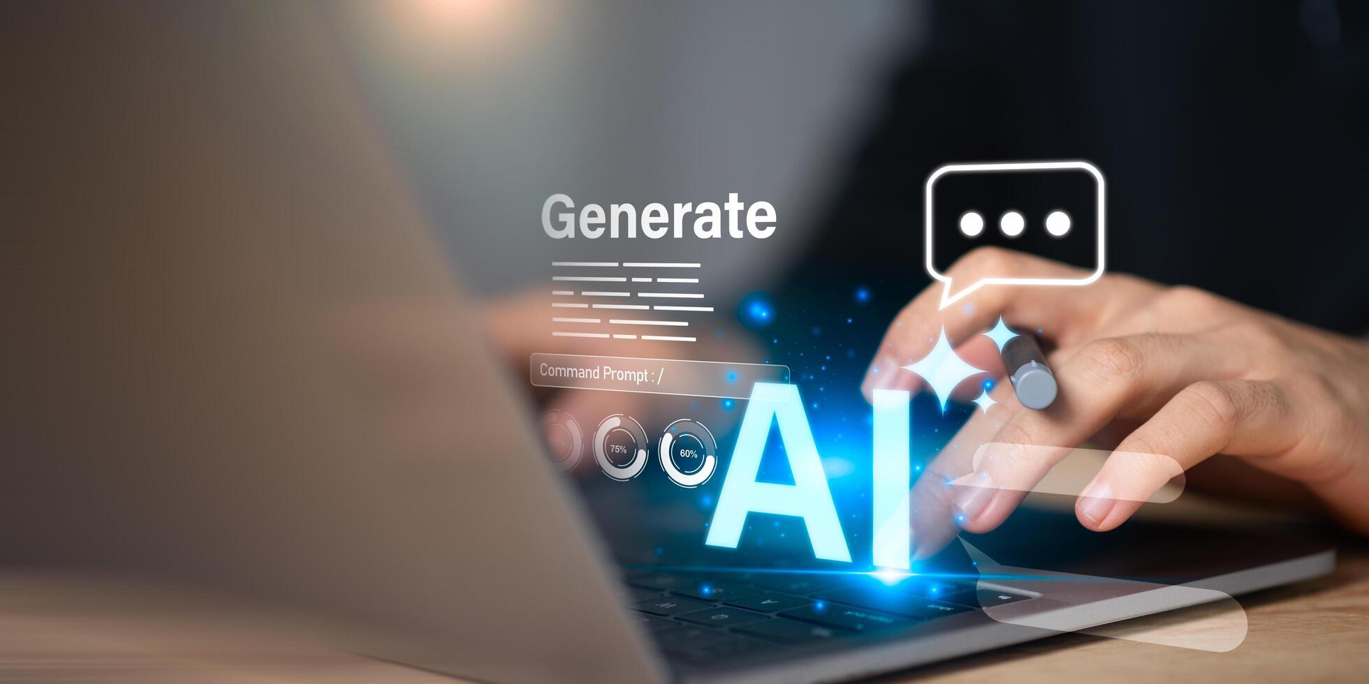 Futuristic AI technology concept with digital interface, text generation, and innovation in artificial intelligence development for business, creative content, and data solutions. photo